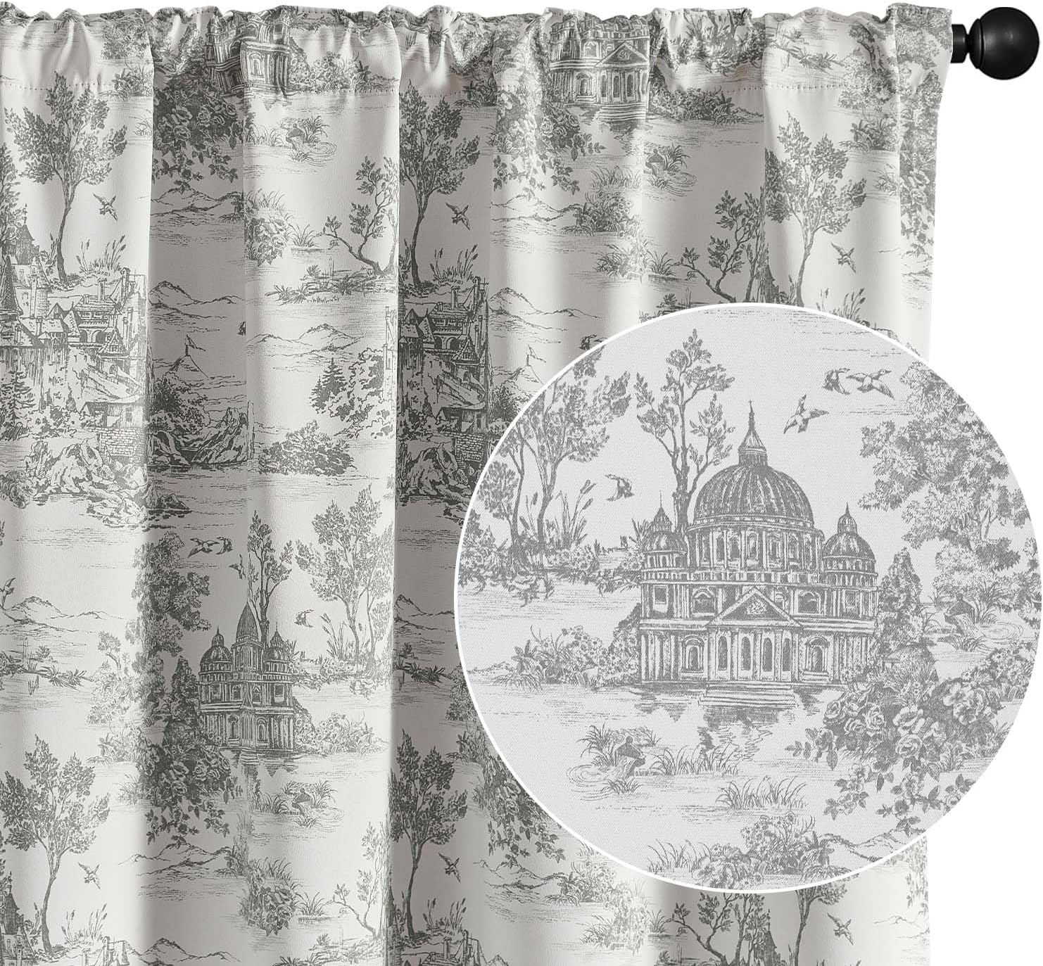 95% Blackout Toile Curtains for Bedroom - Light Grey Drapes