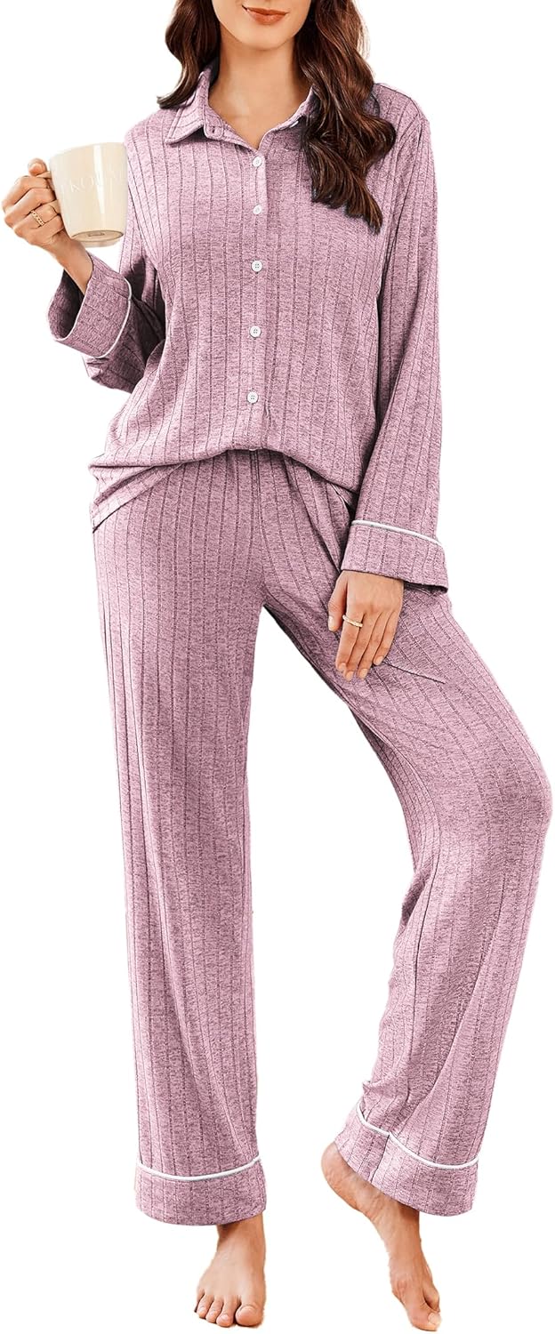 Ekouaer Womens Pajama Sets Long Sleeve Ribbed Knit Lounge Set
