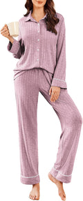 Ekouaer Womens Pajama Sets Long Sleeve Ribbed Knit Lounge Set - Soft