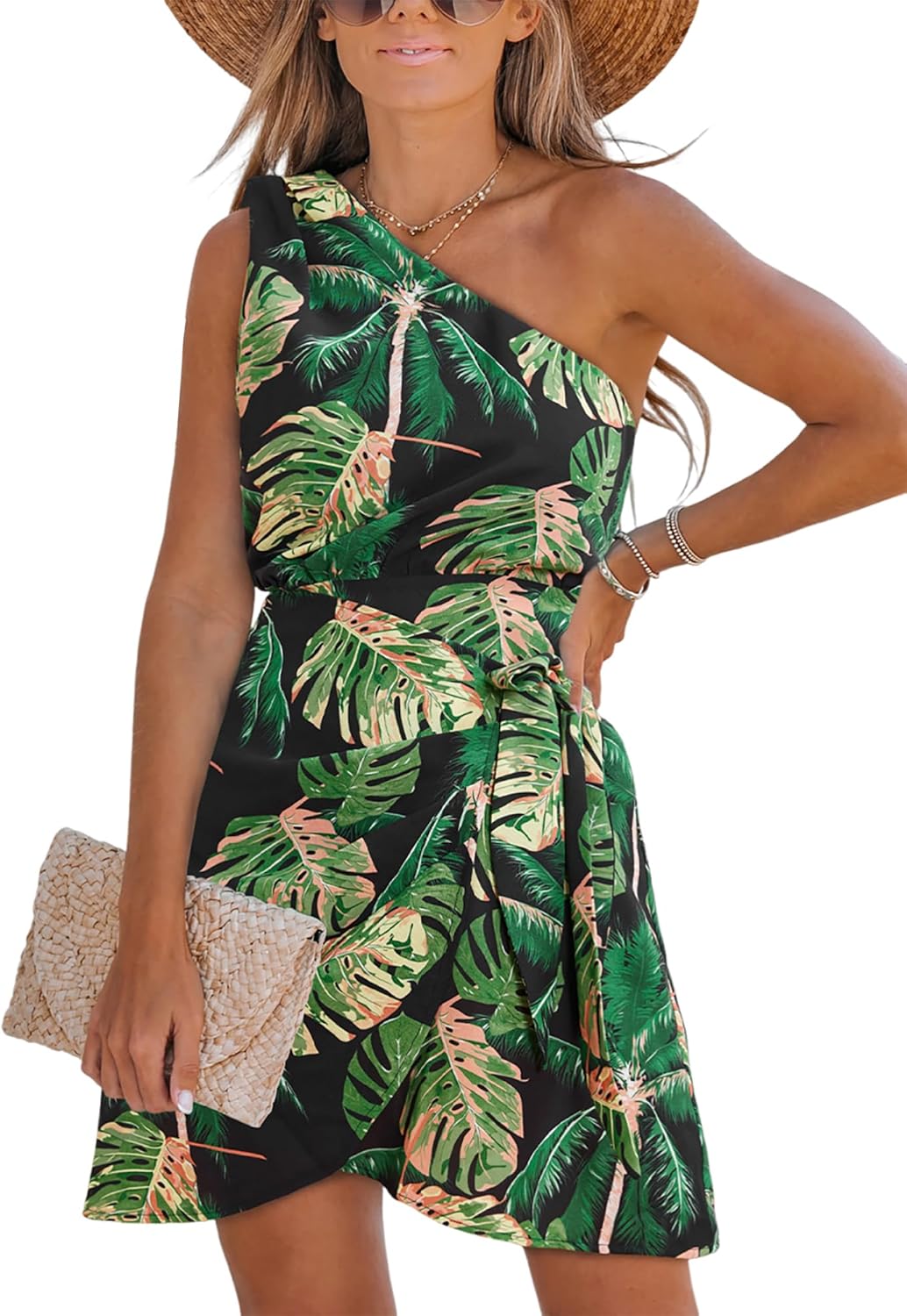CUPSHE Women's One Shoulder Leaf Print Casual Mini Dress