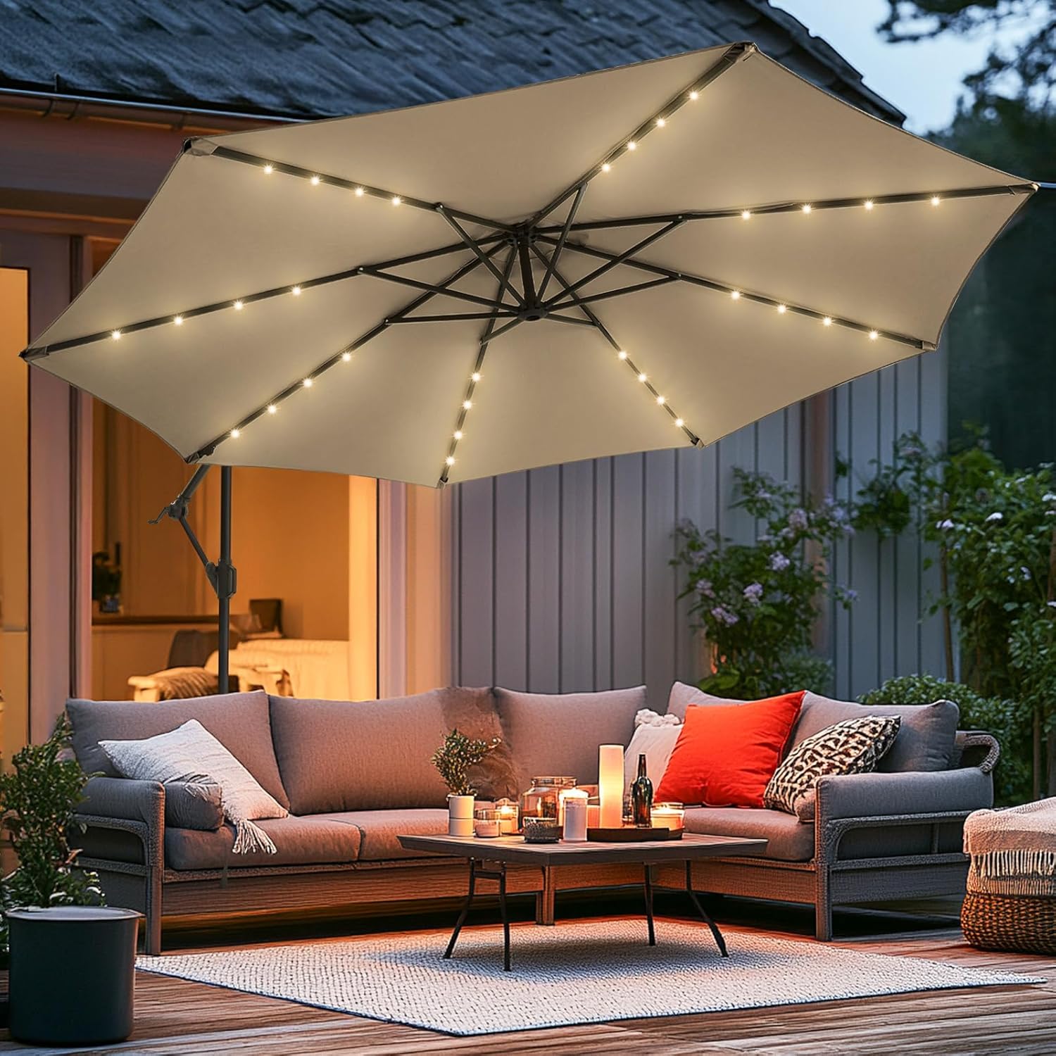 10ft Solar LED Offset Hanging Market Umbrella for Outdoor Use