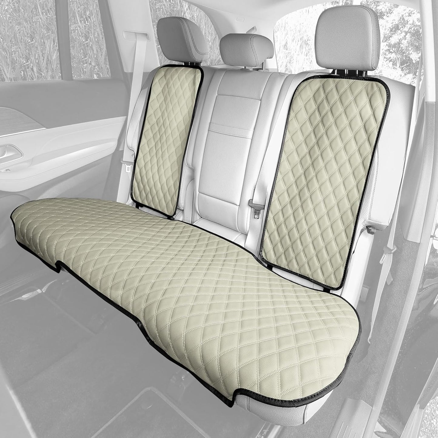 Universal Fit Beige Faux Leather Car Seat Cushion Rear Set