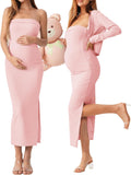 2 Piece Maternity Dress Cardigan Set - Strapless Bodycon Maxi