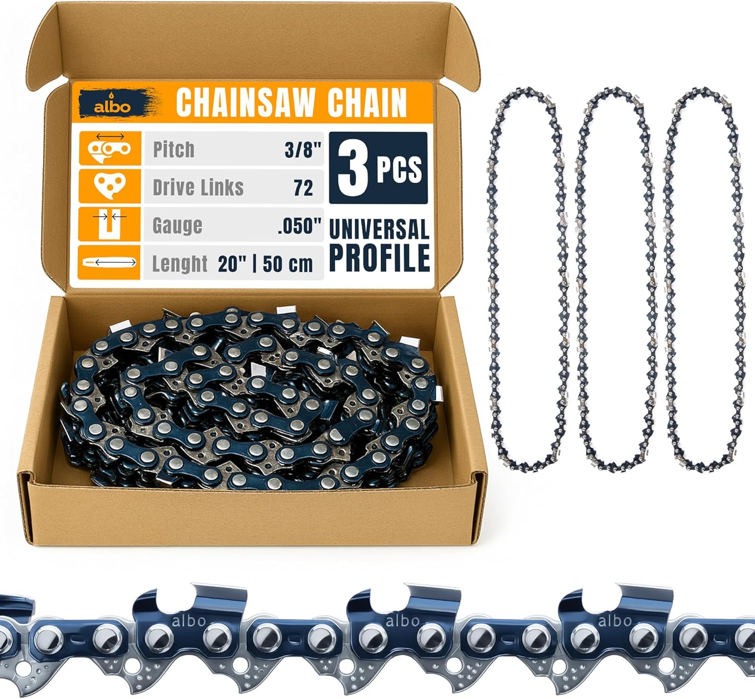 3/8 LP Pitch Chainsaw Chain 3 Pack by ALBO for Stihl & Husqvarna