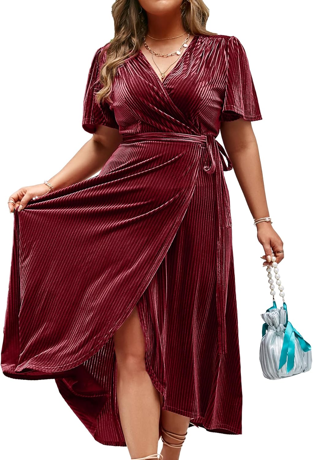 BerryGo Women's Velvet V Neck Wrap Maxi Dress for Weddings