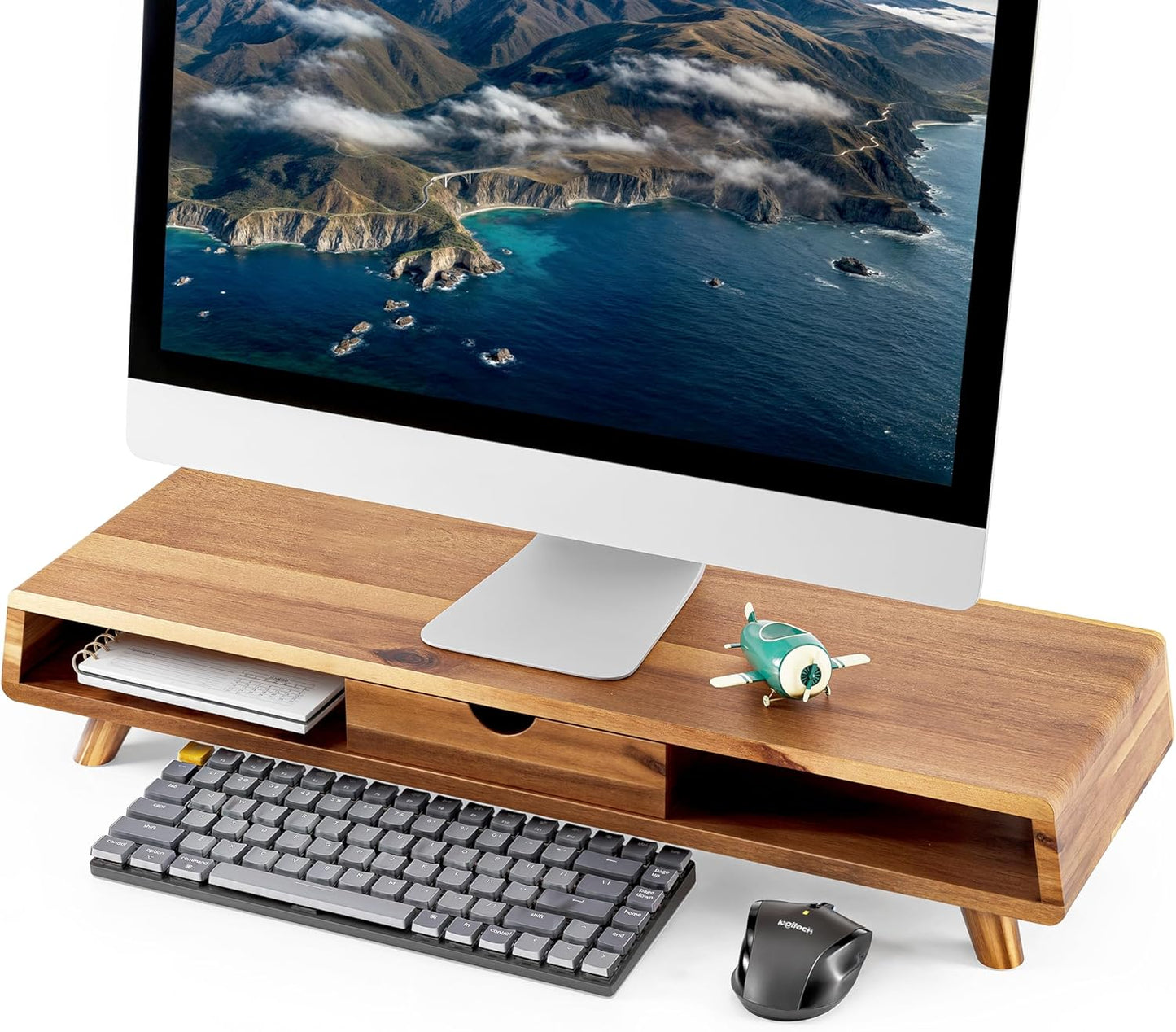 TINAMO Acacia Wood Monitor Stand with Drawer for Desk Use