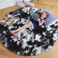 Black White Grey Round Rug 5ft Circle Area Rug - Fluffy Shaggy Plush