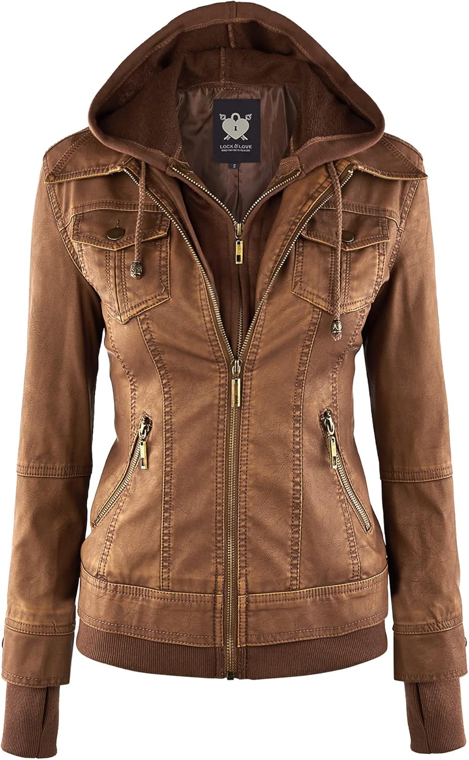 Lock and Love Women's Faux Leather Moto Biker Jacket with Hood