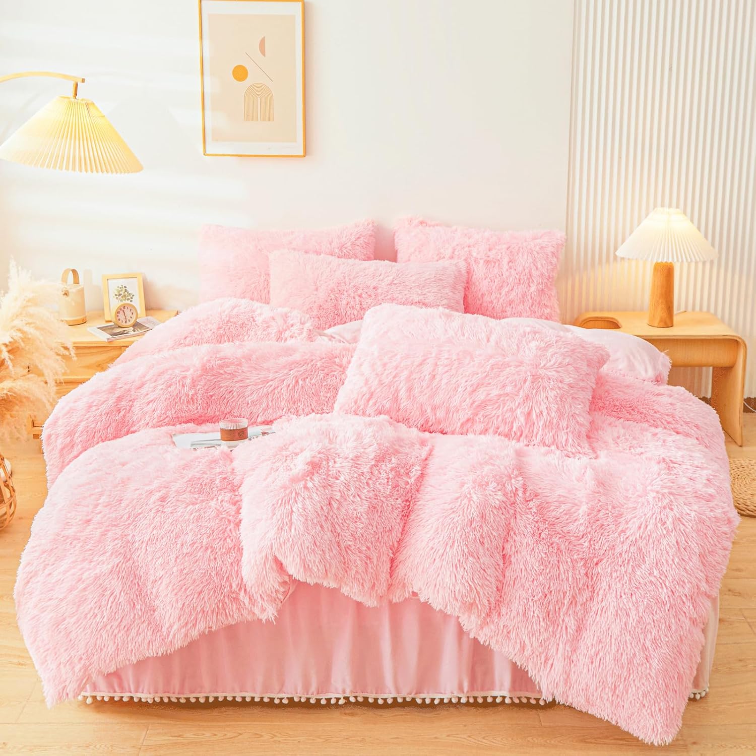Fluffy Pink Faux Fur Comforter Cover Set for Queen Beds
