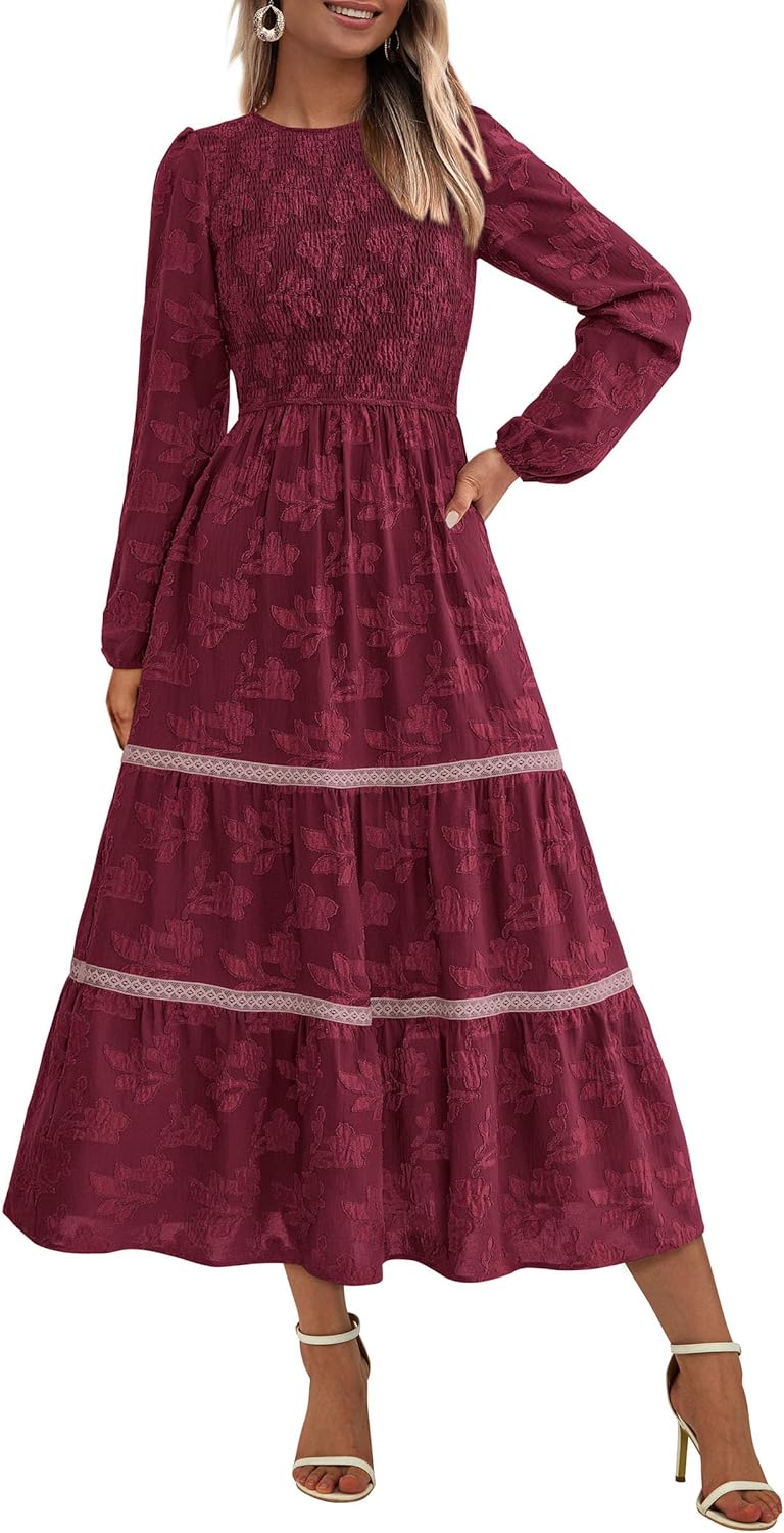 PRETTYGARDEN Long Sleeve Dress for Women - Elegant Floral Midi