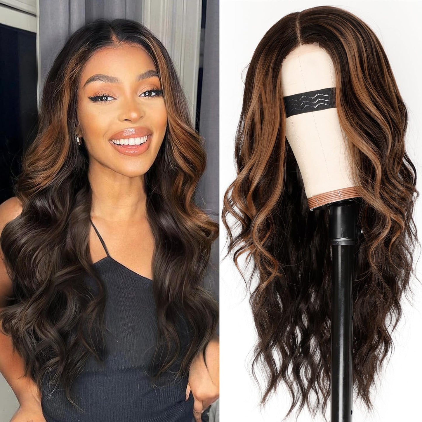 Dark Brown with Highlights Wig for Women - Long Wavy Style