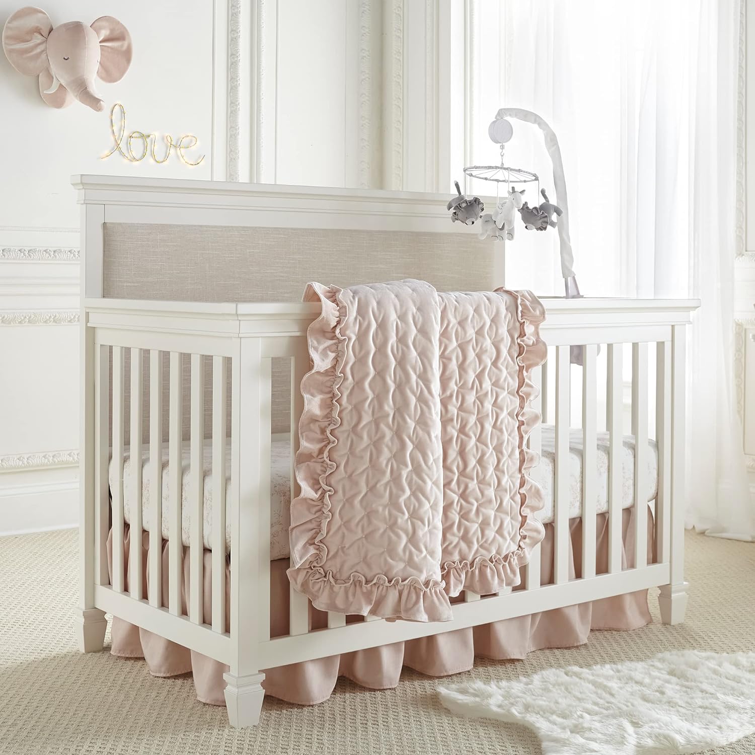 Heritage Crib Bed Set - Blush Velvet Baby Nursery Set - 4 Piece