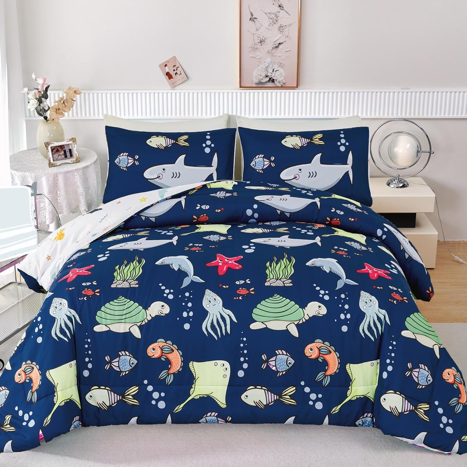 RYNGHIPY Kids Bedding Set for Queen Bed with Ocean Animals Print