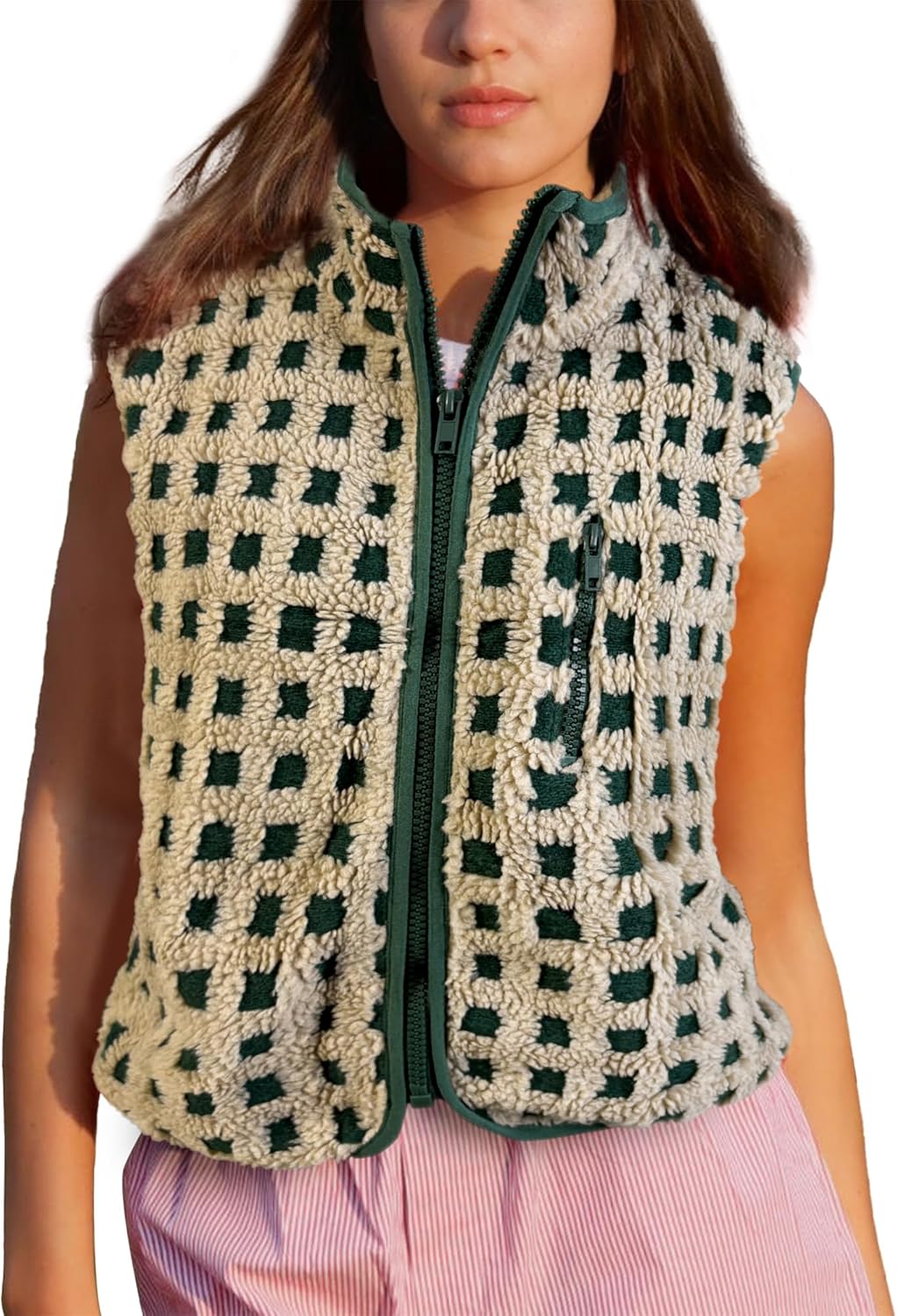 Colorful World Womens Checkered Sherpa Vest Fleece Jacket