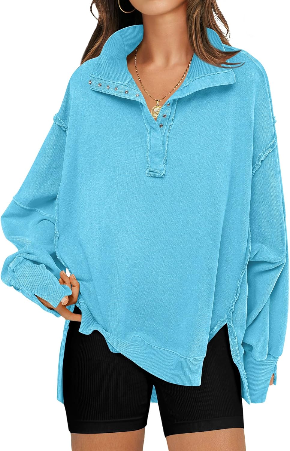 Oversized Sweatshirt for Women with Trendy Button Henley Neck