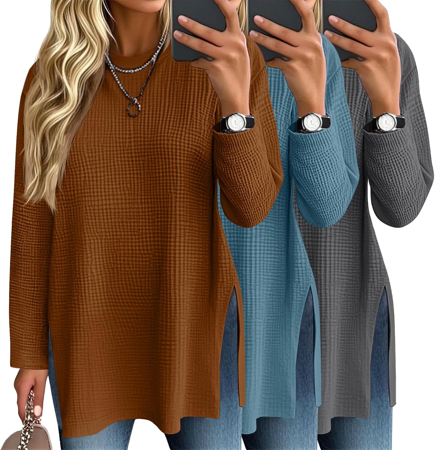 3 Pack Women's Waffle Knit Long Sleeve Tops for Casual Style