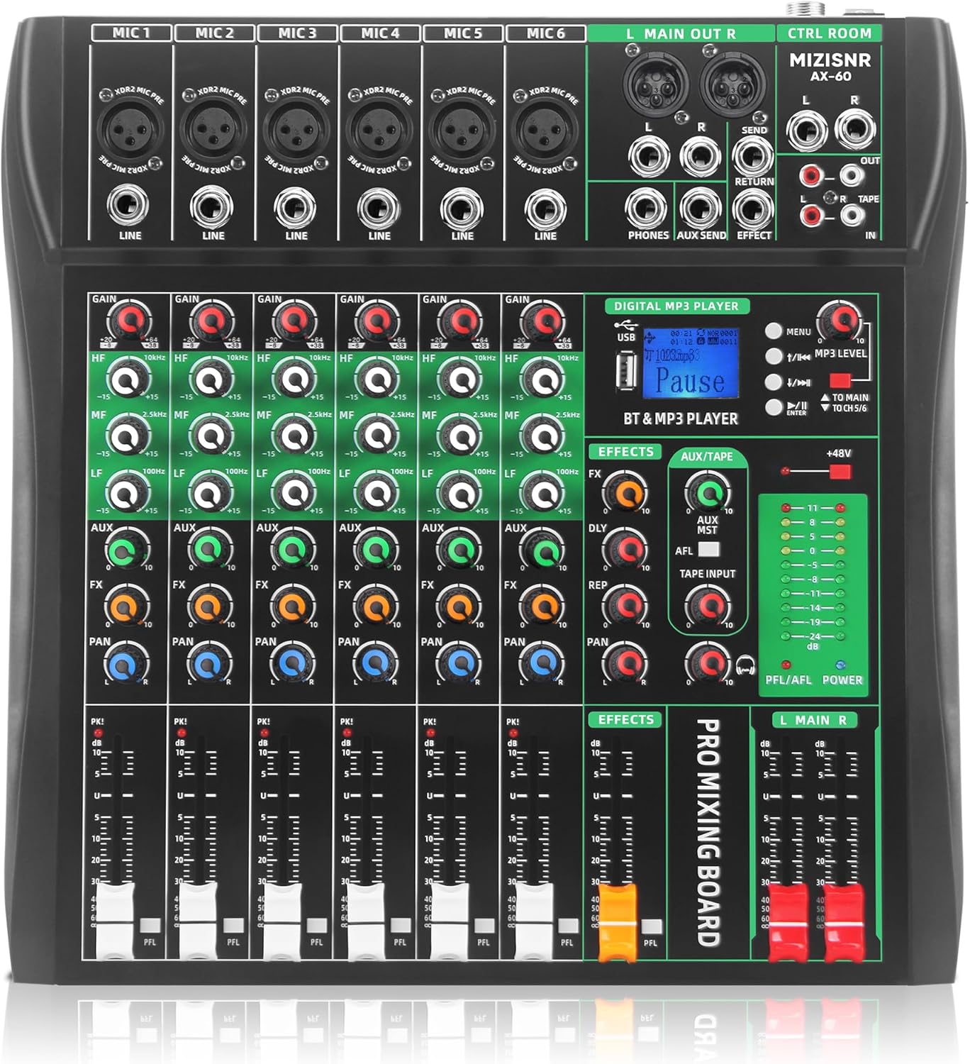 6 Channel Audio Mixer with Bluetooth and USB for DJs and Musicians