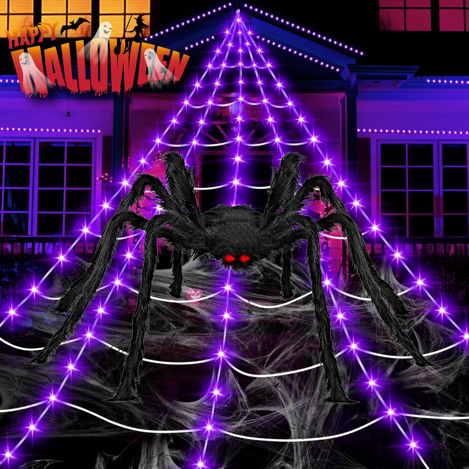 Giant Light-Up Spider Web with 200 LED Lights for Halloween Fun