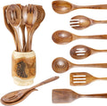 13 in Long Wooden Spoons Set - 9PC Teak Utensils with Holder