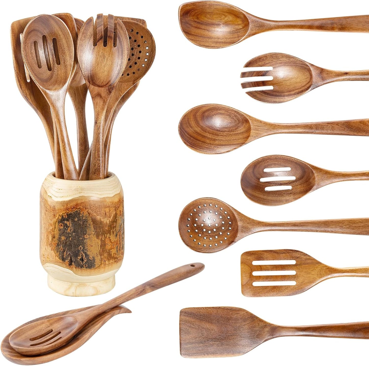 13 Inch Long Wooden Spoons Set for Cooking with Holder