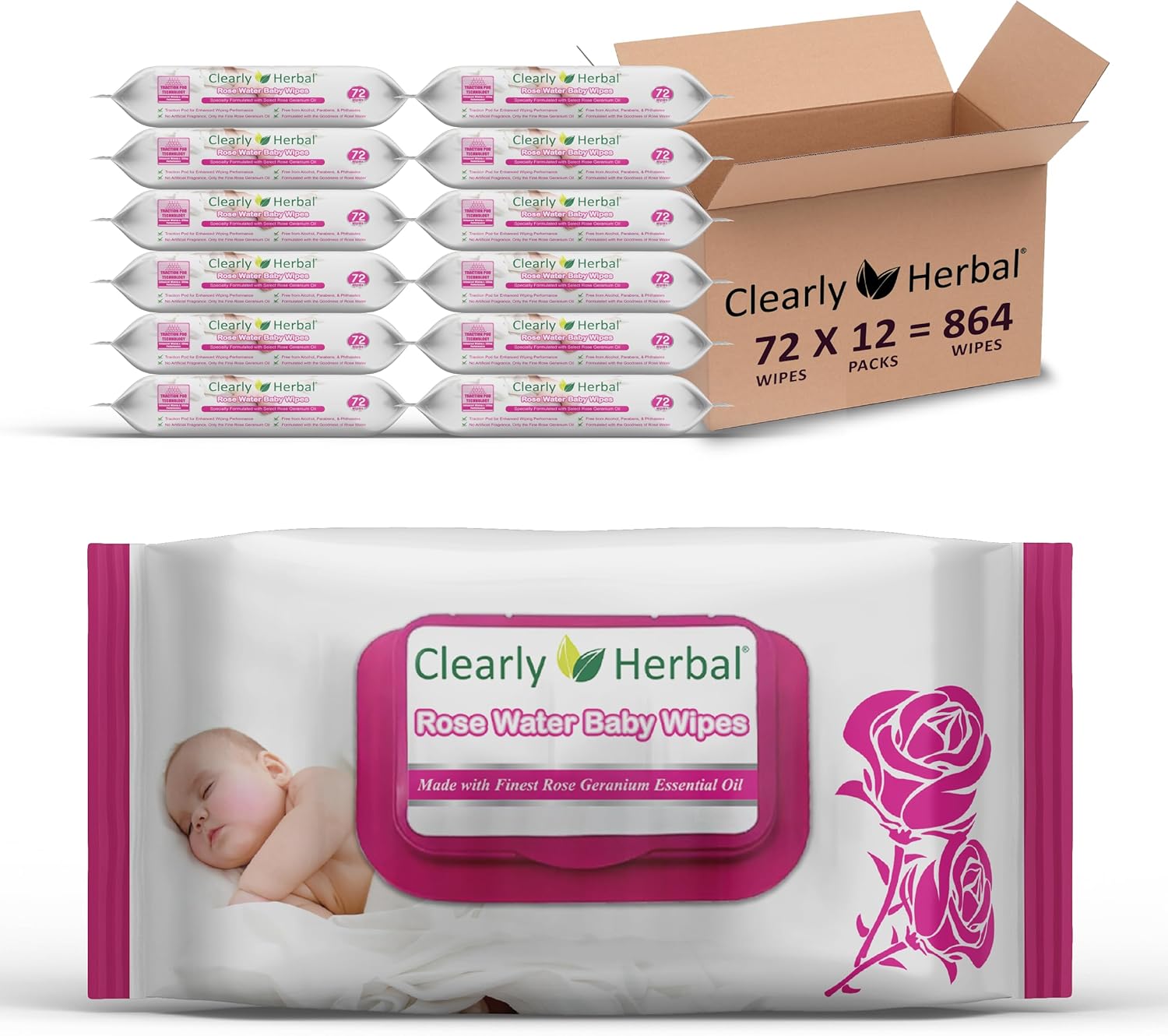 Clearly Herbal Baby Wipes with Rose Water for Gentle Cleaning