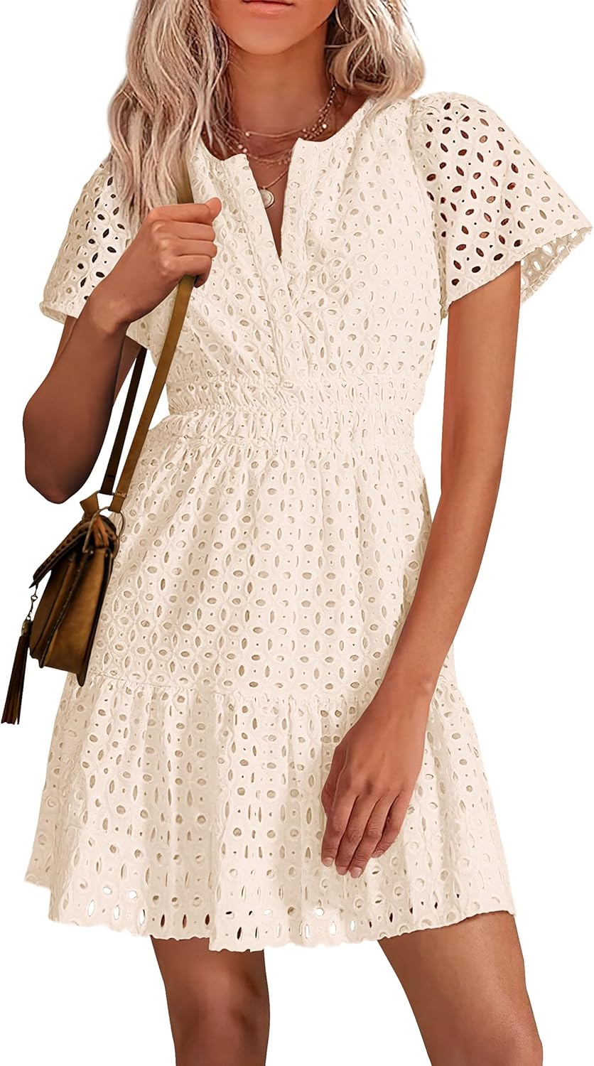 PRETTYGARDEN Womens Summer Short Dress V Neck Ruffle A Line