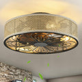 Modern Boho Rattan Flush Mount Ceiling Fan with Light - Low Profile