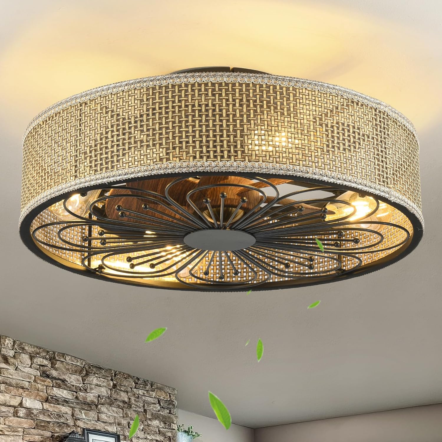 Modern Boho Rattan Flush Mount Ceiling Fan with Lights and Remote