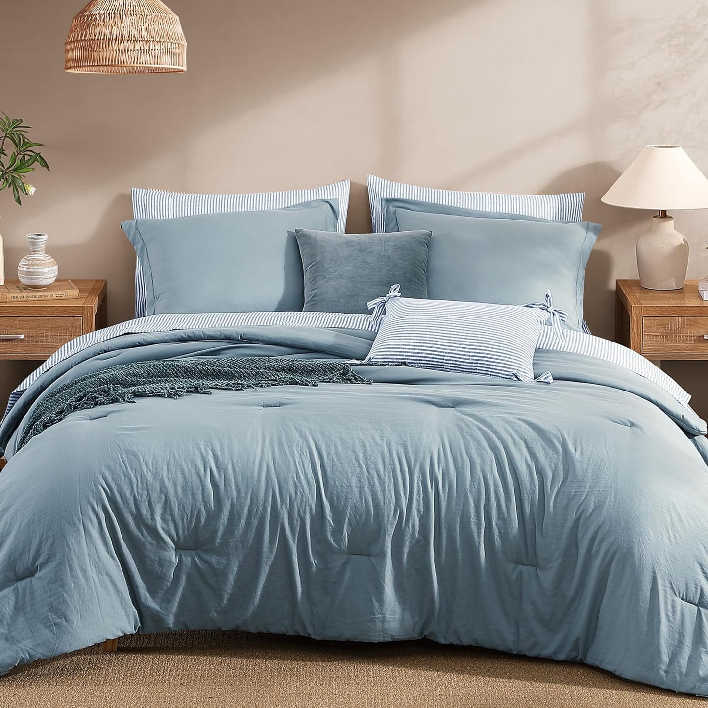 Monbix Full Size Comforter Set - 7 Pieces Dusty Blue Bedding