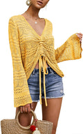 Boho Off Shoulder Sheer Crop Top V Neck - Lightweight Crochet Sweater