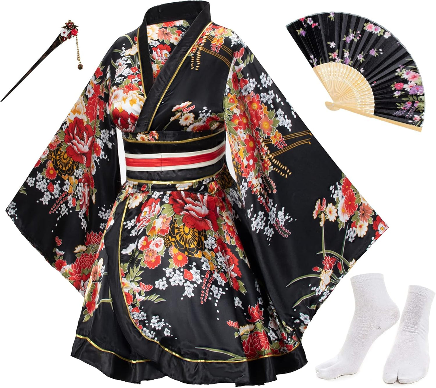 Japanese Anime Women's Dance Kimono Robe Set with Accessories