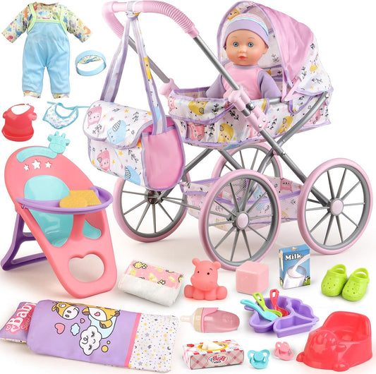 Baby Doll Stroller Playset for Girls with 12.5in Doll and Accessories