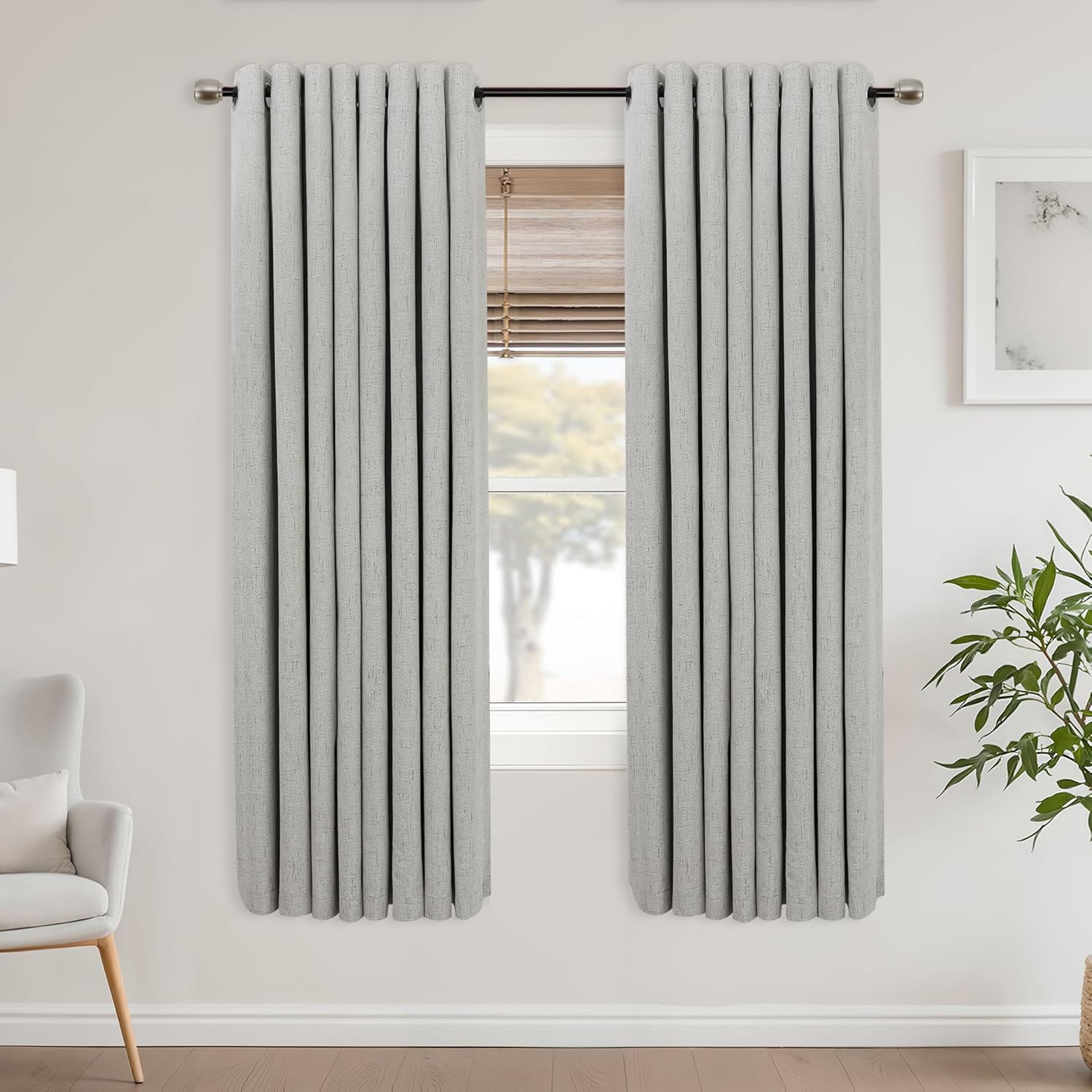 Mrs.Naturall Light Grey Grommet Linen Blackout Curtains 52x63