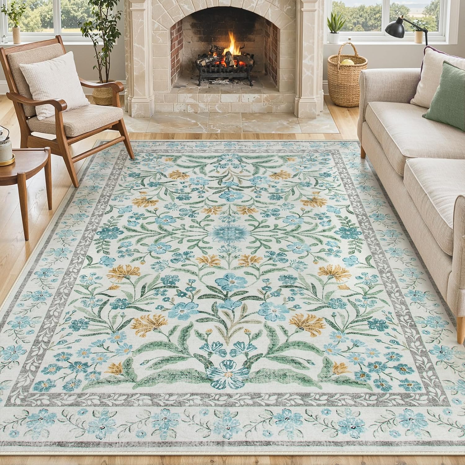 Lahome Light Blue Bedroom Rug 8x10 for Boho Living Spaces