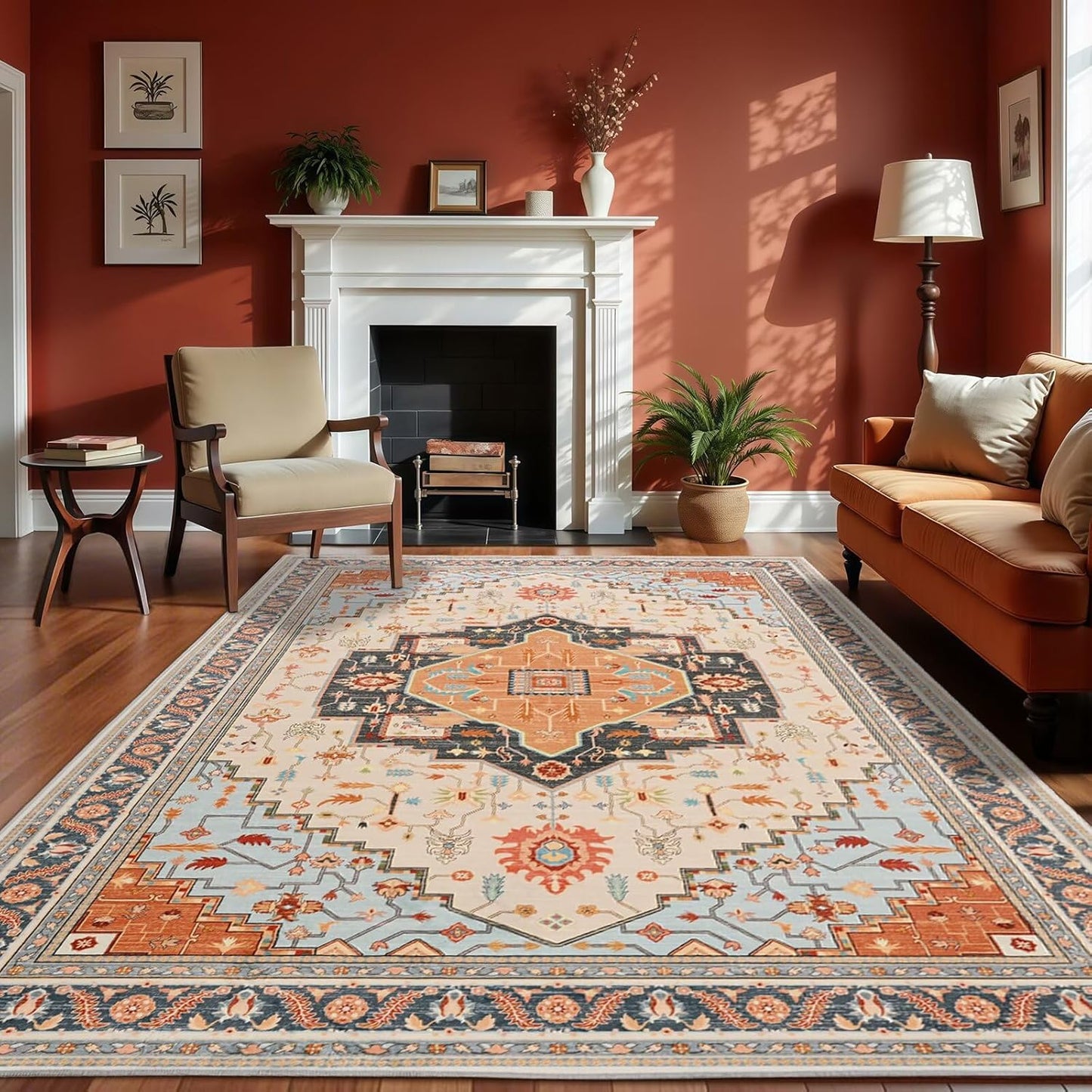 5x7 Orange Beige Area Rug for Living Room with Non-Slip Backing