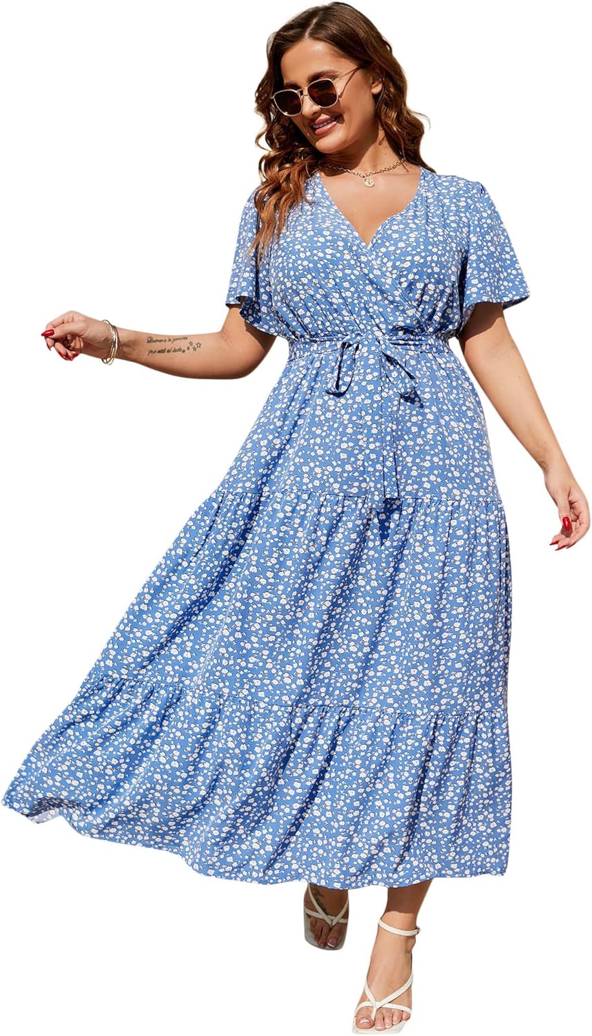 KOJOOIN Plus Size V Neck Wrap Maxi Dress for Summer Style