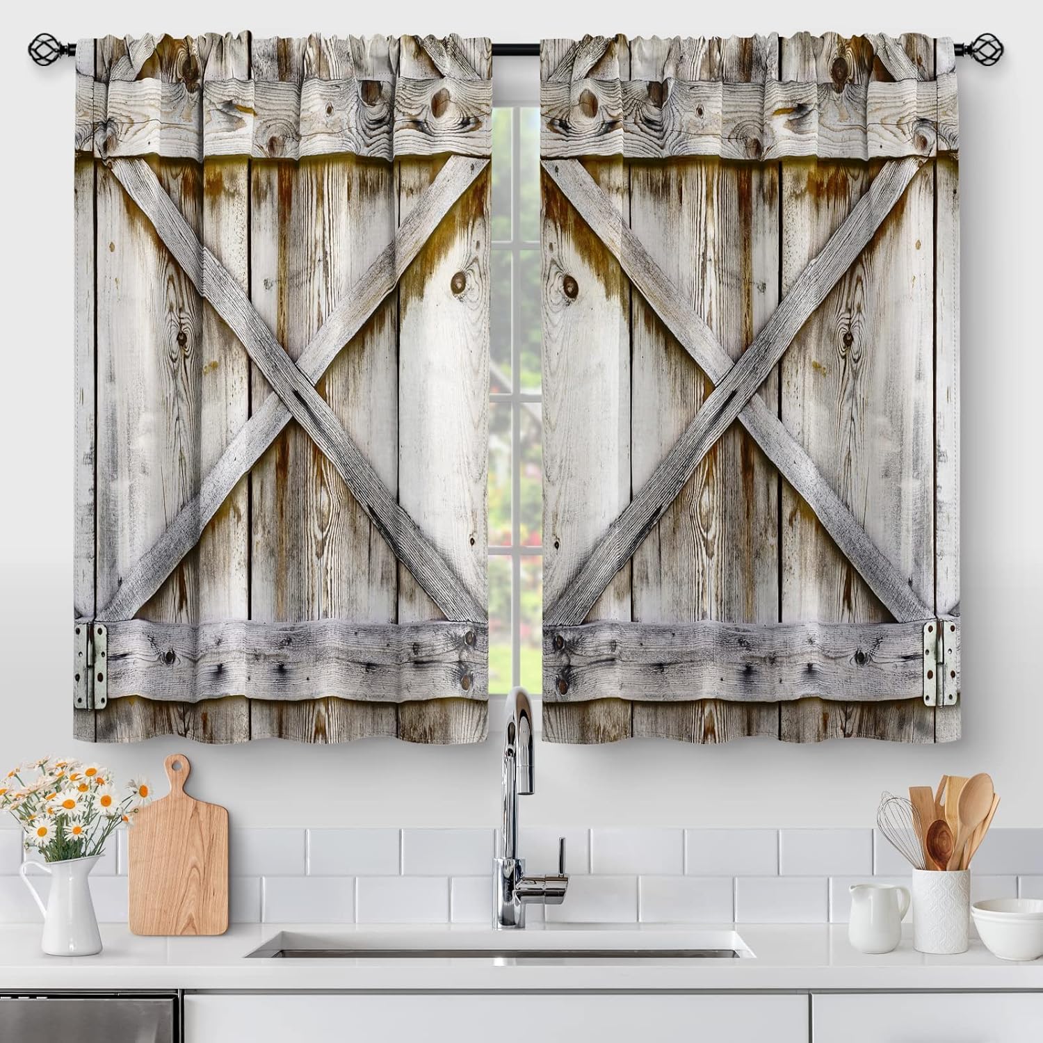 Rustic Farmhouse Wood Kitchen Curtains - Farmhouse Charm in 45 Length, Set of 2