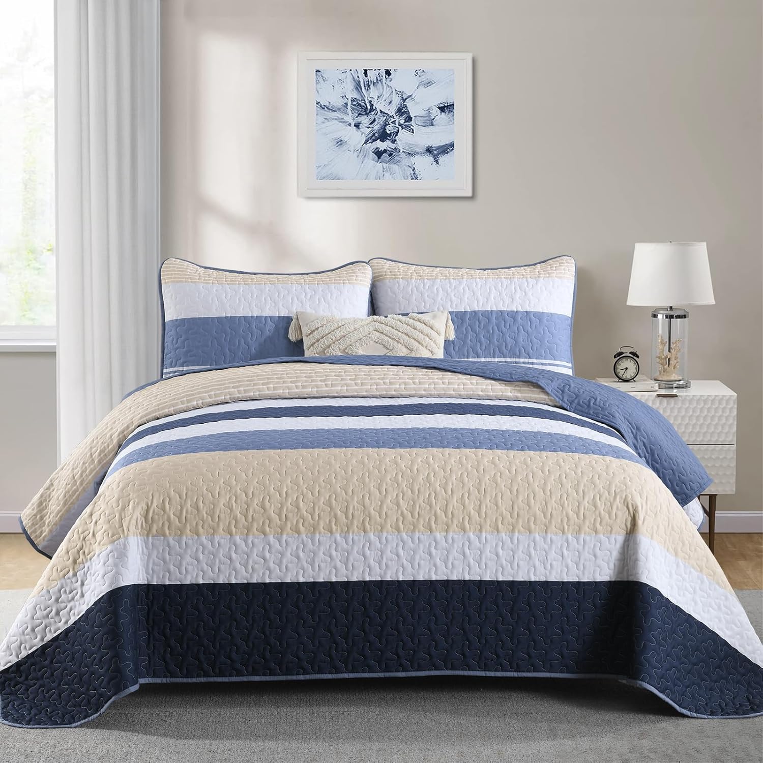 Dinjoy Blue King Size Quilt Set for Boho Fall Bedding Style