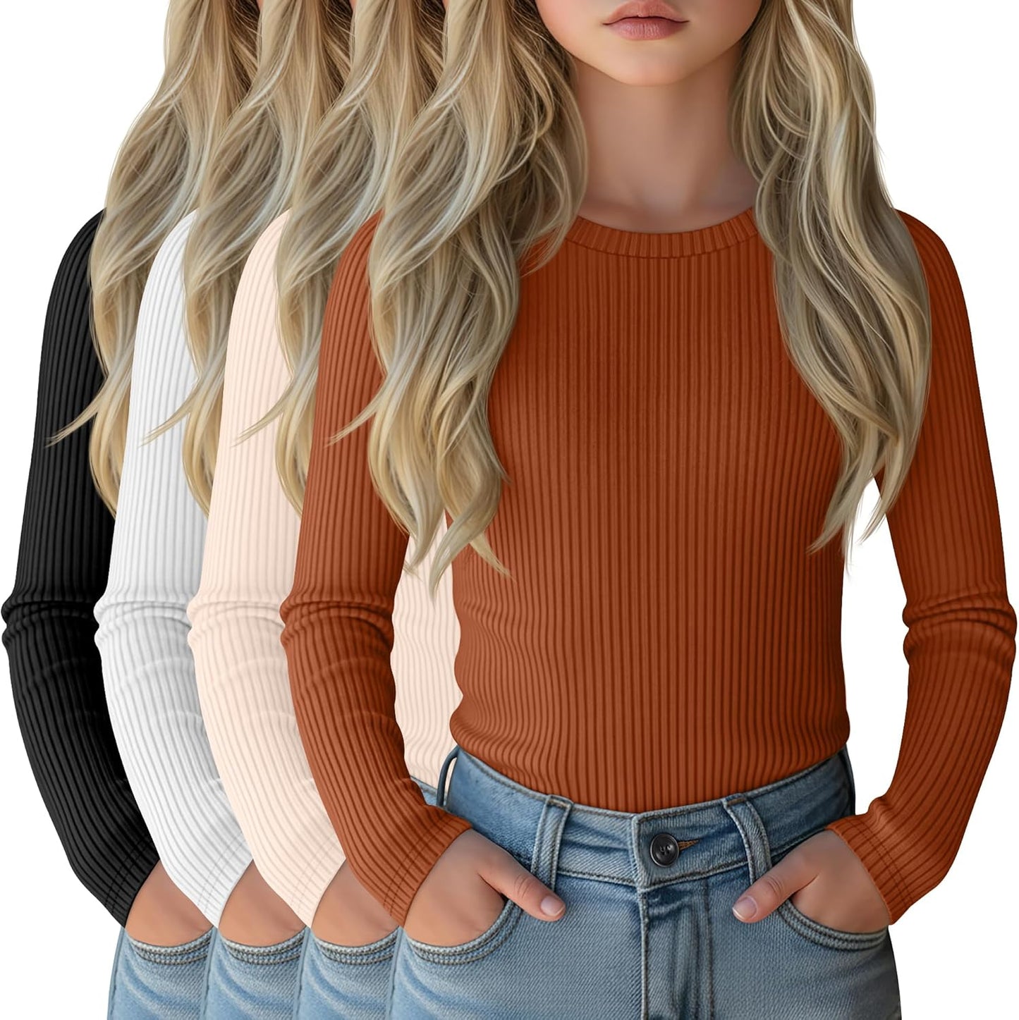 4 Pack Girls Long Sleeve Shirts for Casual Kids Wear