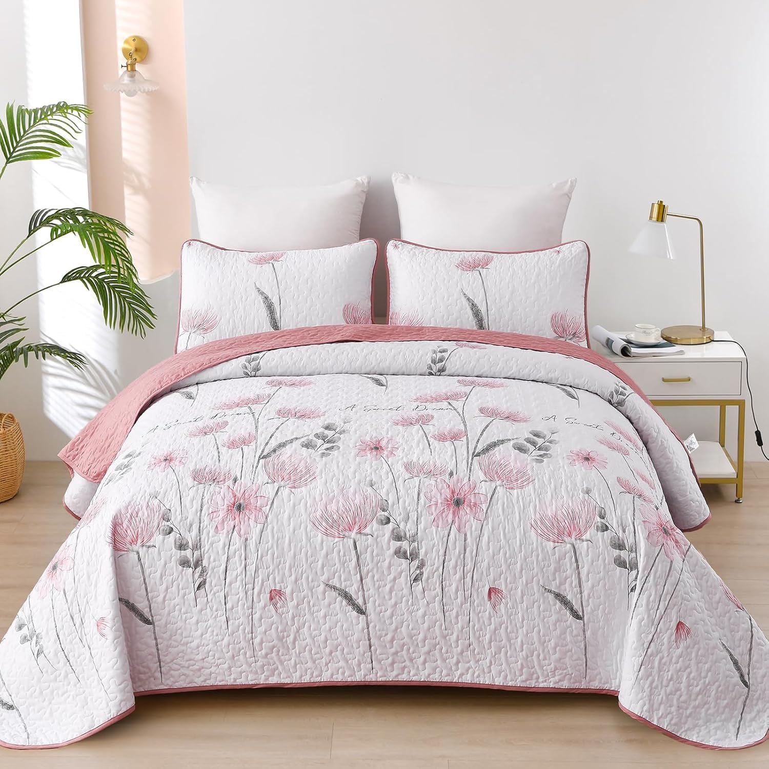 Dinjoy Floral Quilt Set Full Size Pink Reversible Bedspread