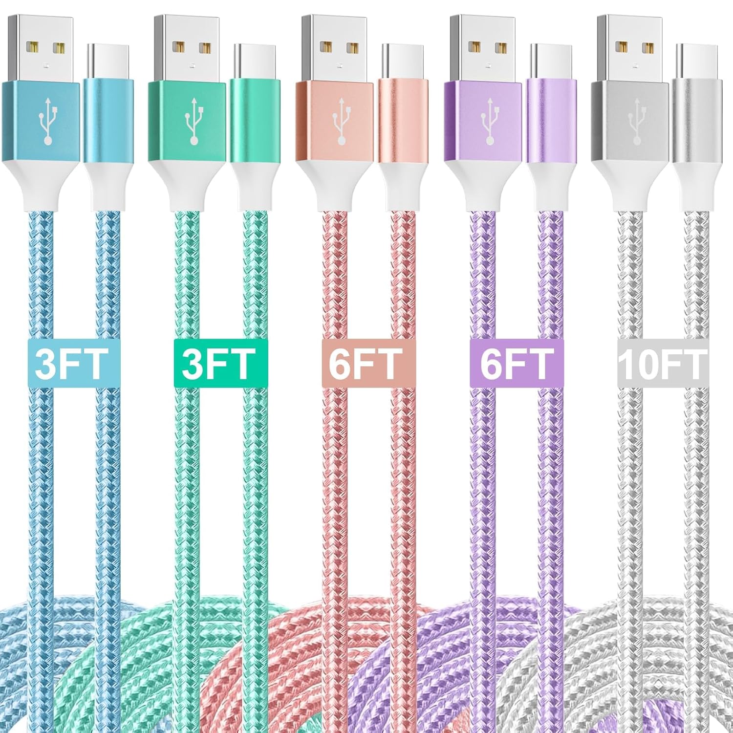 Fast Charge 5-Pack USB-C Cables for iPhone, Samsung, Google - HKYUSHINE