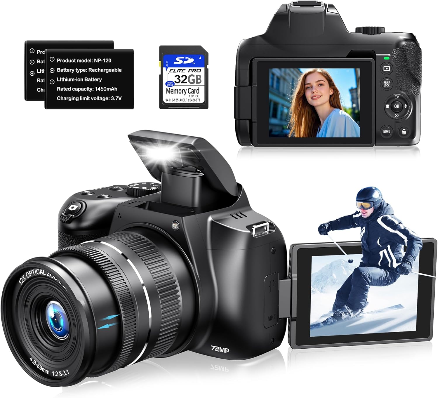 MAXKERUN Vlogging Camera: 12x Zoom, 4K, WiFi, Dual Batteries