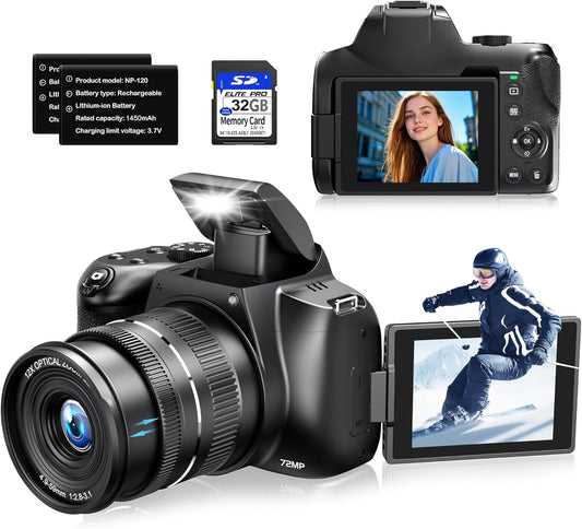 MAXKERUN Vlogging Camera: 12x Zoom, 4K, WiFi, Dual Batteries