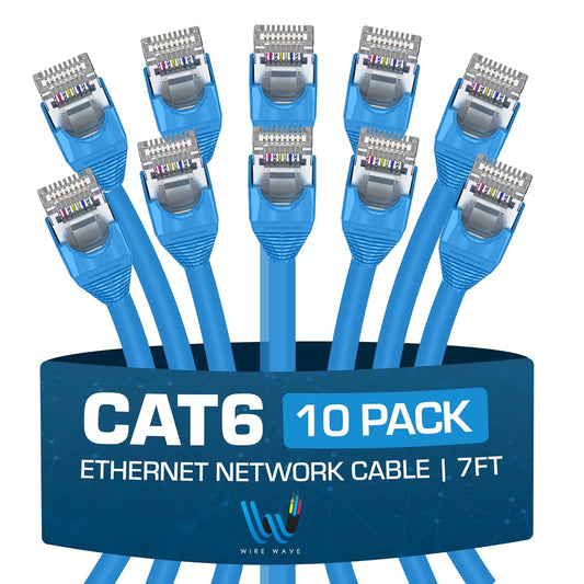 10-Pack 10ft Blue Cat6 Ethernet Cable - High Speed LAN Patch with 24AWG Bump Boot - WIRE WAVE