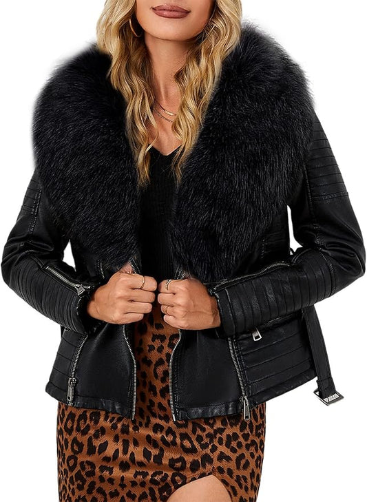 Bellivera Women's Faux Leather Moto Biker Jacket with Fur Collar