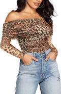 Women's Off The Shoulder Leopard Mesh Bodysuit - Slimming Long Sleeve