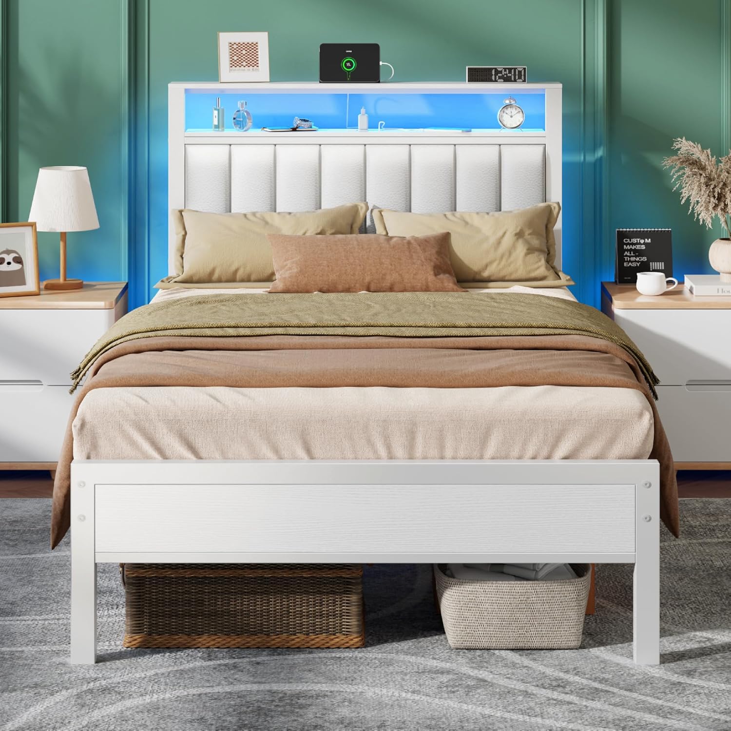 Furnulem Twin Size Bed Frame with LED Lights and Charging Station