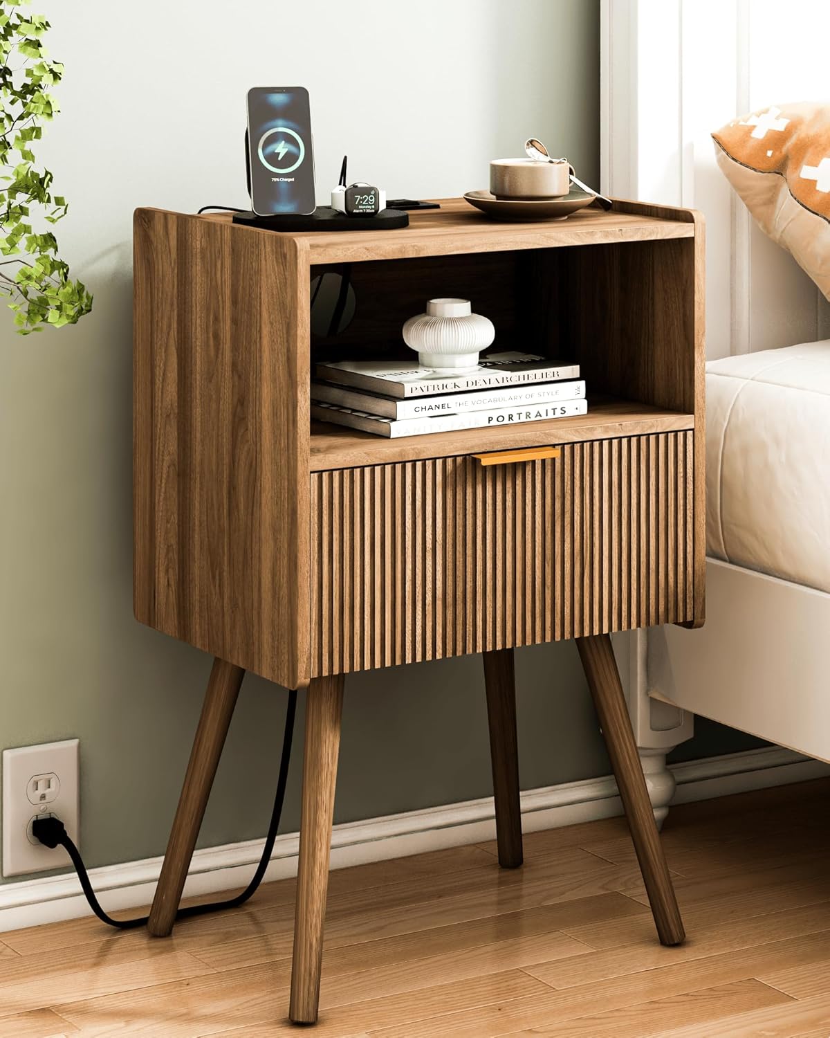 Modern Nightstand with Outlet and Storage for Small Spaces