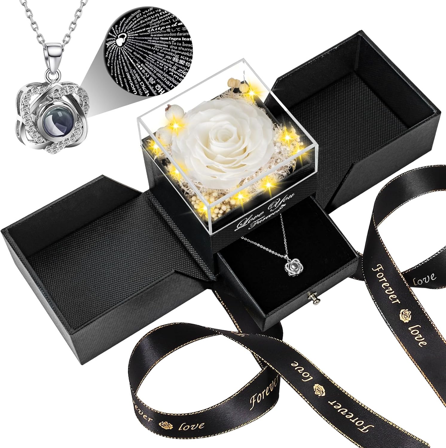 Preserved White Real Rose Gift Set with Necklace for Her