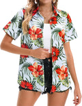 Womens Hawaiian Shirt Soft Cool Summer Floral V Neck Button Up